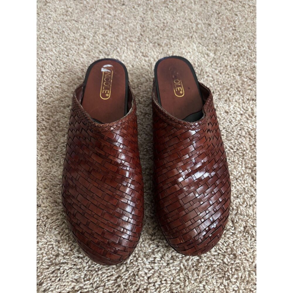 Vintage Nicole Clogs Womens 9.5* Brown Leather Woven Huarache Artisan Boho Chic